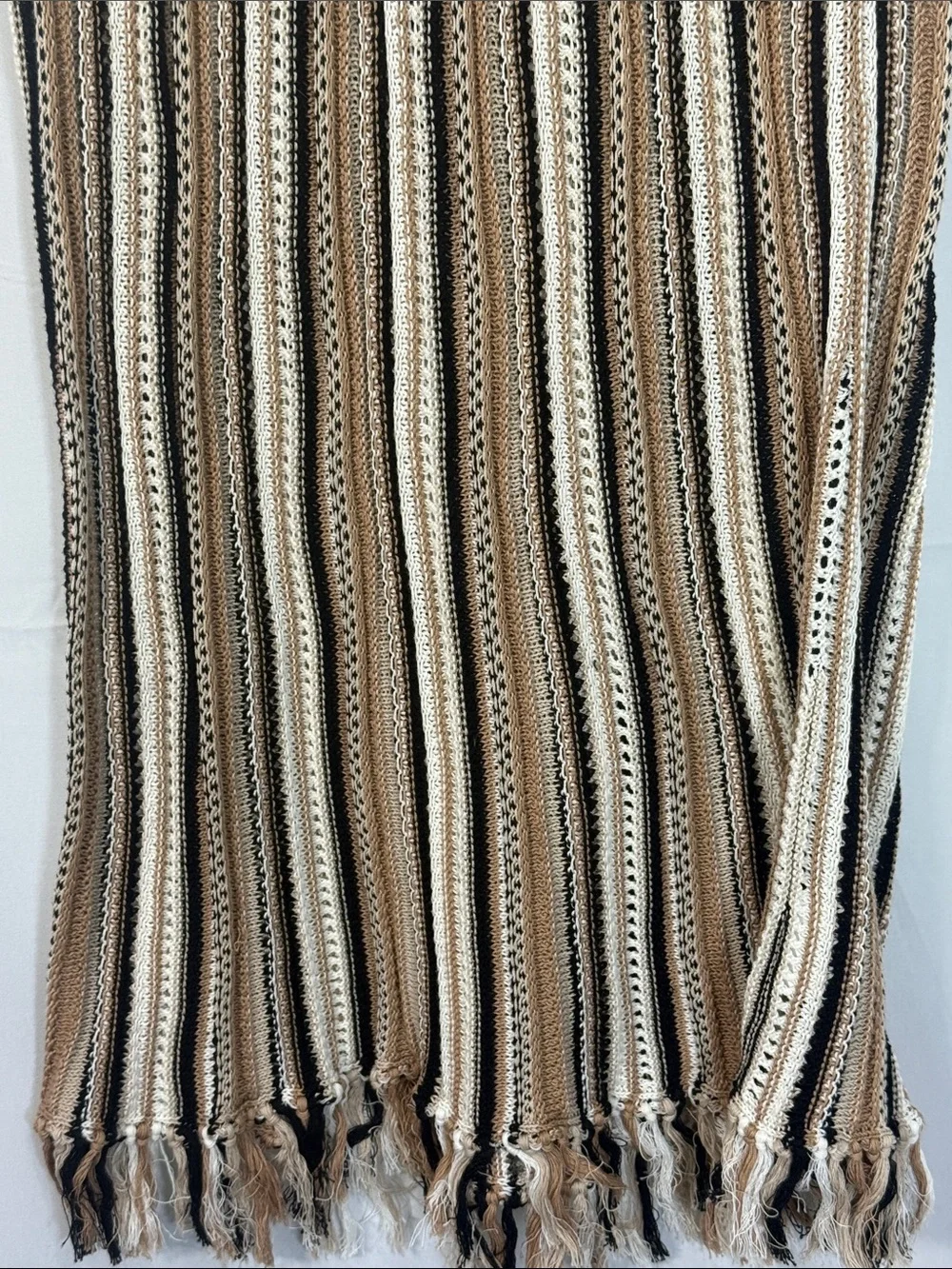 White + Warren Mercerized cotton fringe crochet dress Beige/Brown Black Size L